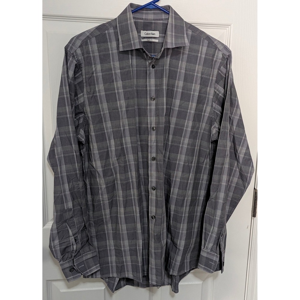 Calvin Klein Mens Regular Fit Grey Plaid Dress Shirt 15.5 34/35